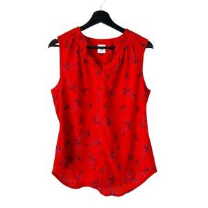CAbi Red Floral Print Sleeveless Notched Silk Top Medium
